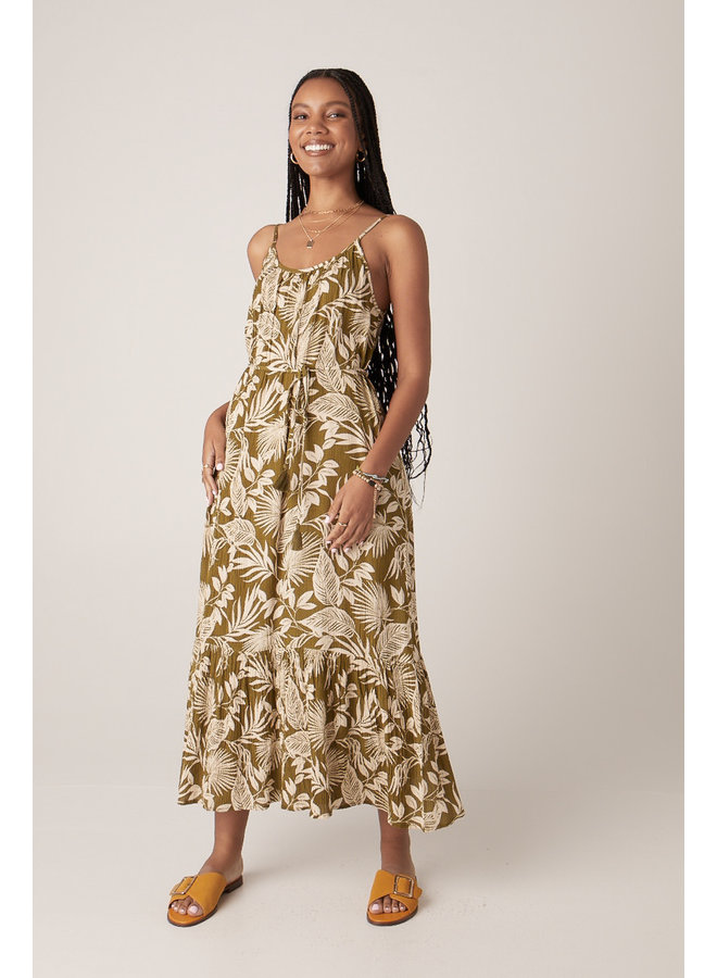 Olive Palm Print Gauze Midi Dress w/ Spaghetti Straps & Tie Waist