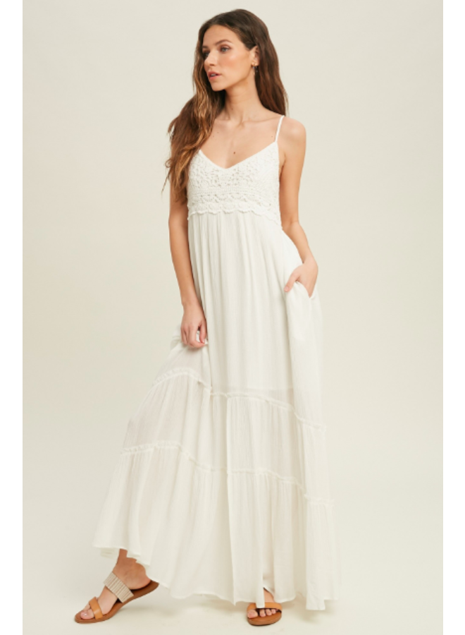 Maxi Dress w/ Crochet Top & Front Slit by Wishlist - Ivory White - Miss  Monroe Boutique