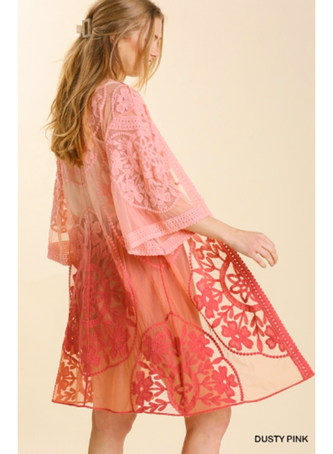 Dip Dye Lace Tie Waist Kimono By Umgee - Pink