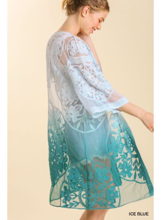 Dip Dye Lace Tie Waist Kimono By Umgee -Ice Blue