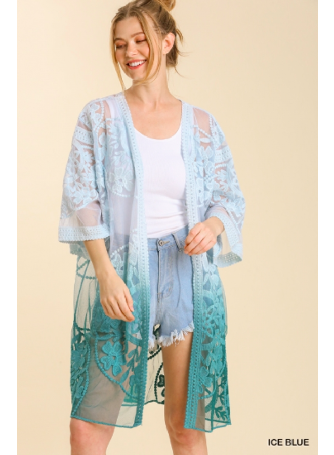 Dip Dye Lace Tie Waist Kimono By Umgee -Ice Blue