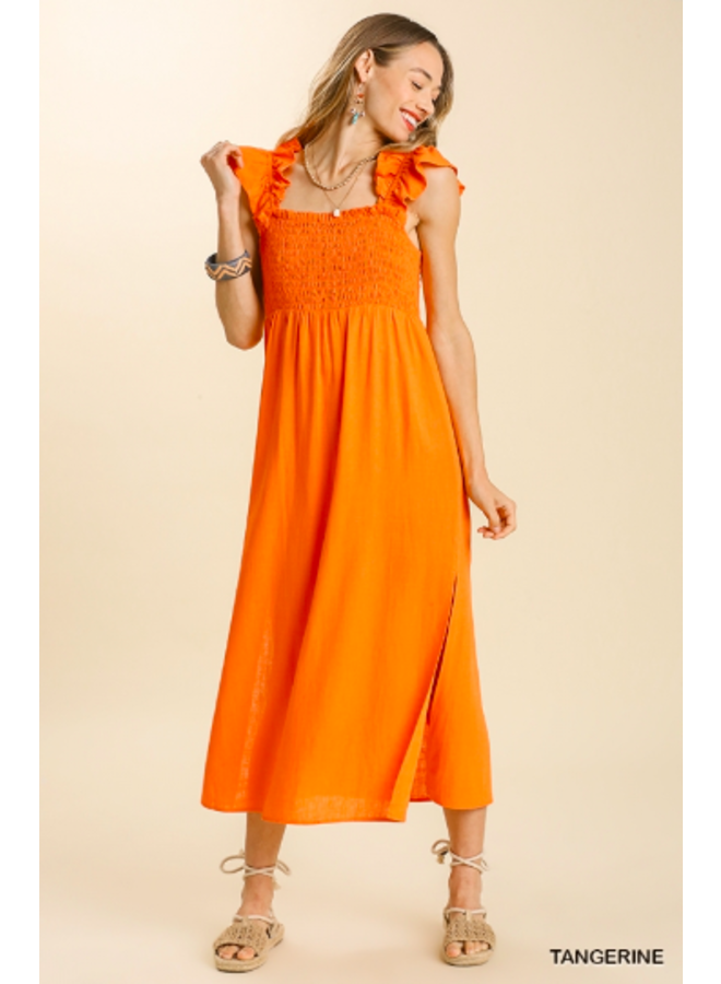 Linen Maxi  Dress w/  Ruffle Straps & Smocked Top - Tangerine Orange