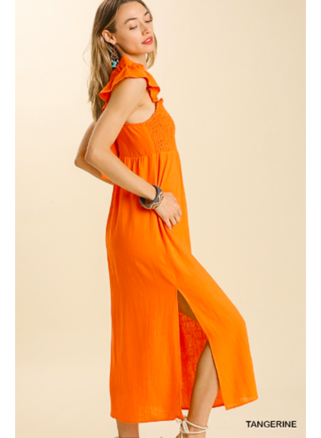 Linen Maxi  Dress w/  Ruffle Straps & Smocked Top - Tangerine Orange