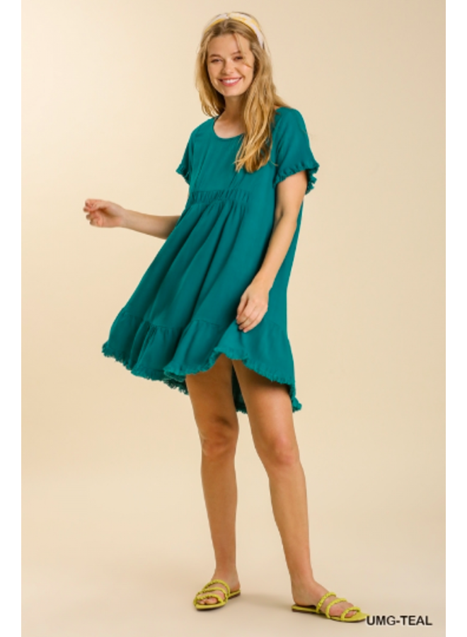 Short Sleeve Linen Short Dress w/ Raw Hem & Ruffle Bottom - Teal