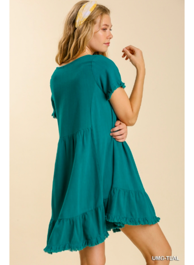 Short Sleeve Linen Short Dress w/ Raw Hem & Ruffle Bottom - Teal