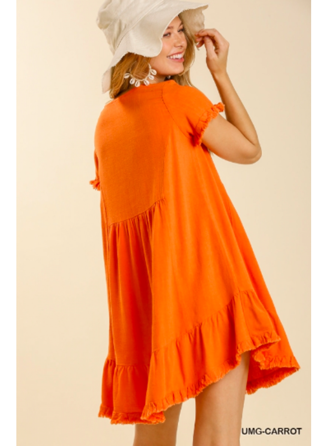 Short Sleeve Linen Short Dress w/ Raw Hem & Ruffle Bottom - Orange