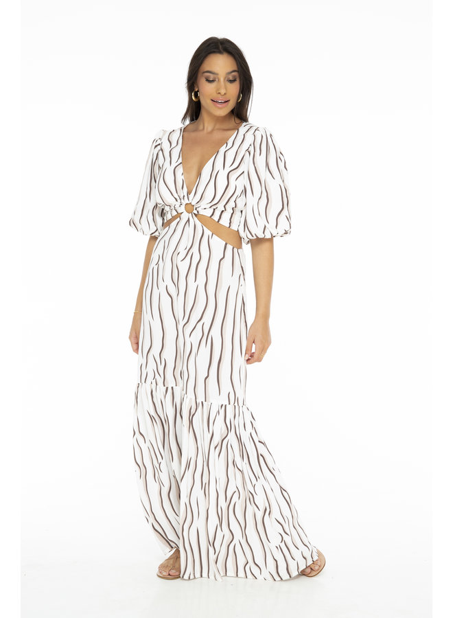 White Tigra Sophie Maxi Dress with Open Sides & Back by Skemo - White & Chocolate Brown