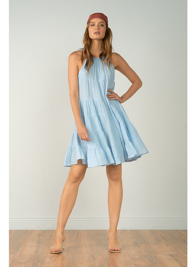 Gauze Tiered Mini Dress w/ High Neck by Elan - Sky Blue
