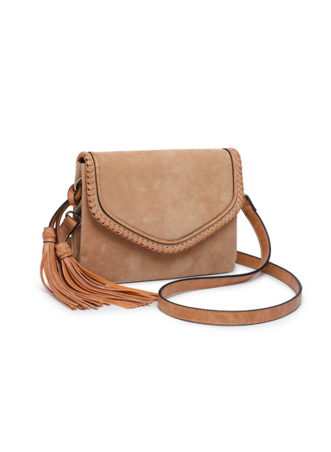 Sloane Faux Suede Cross Body Purse with Saddle Stitch & Tassel -  Tan Suede