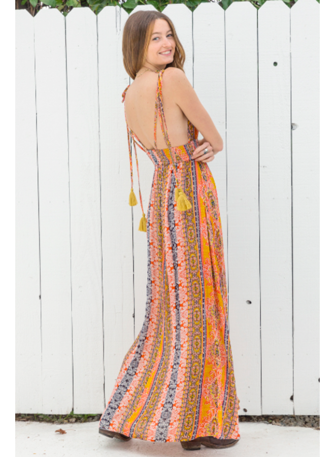 Striped Boho Floral Maxi Dress w/ Tassel Tie Straps - Orange / Red