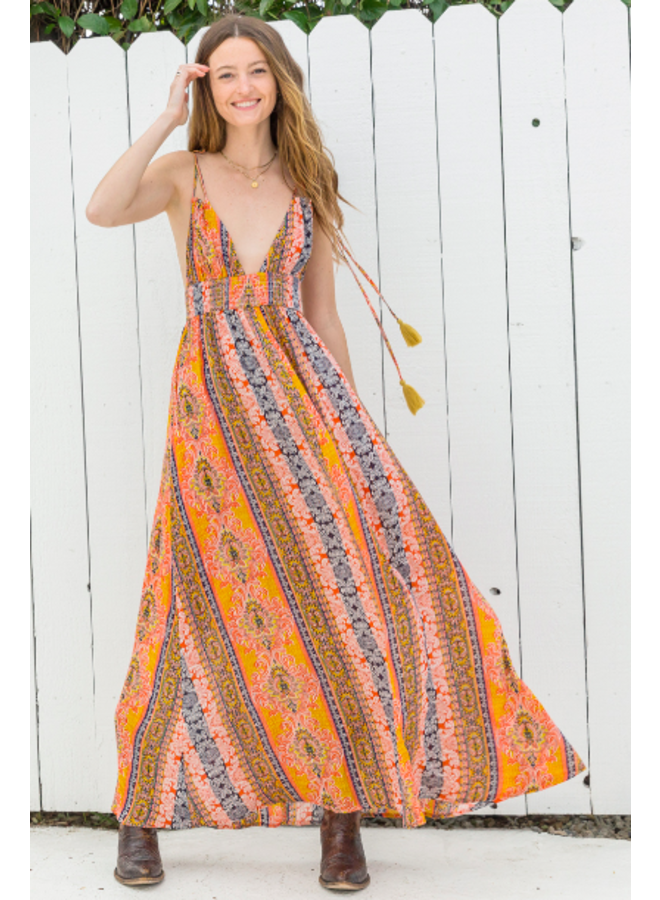 Striped Boho Floral Maxi Dress w/ Tassel Tie Straps - Orange / Red