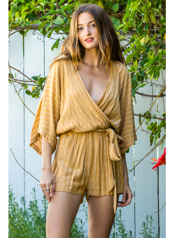 Gauze Striped Romper  - Mustard / White