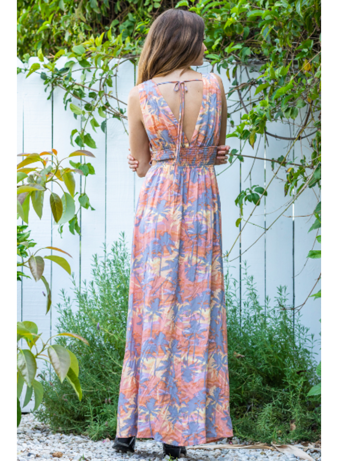 Palm Print Maxi Dress w/  Side Cutouts - Orange / Dusty Blue