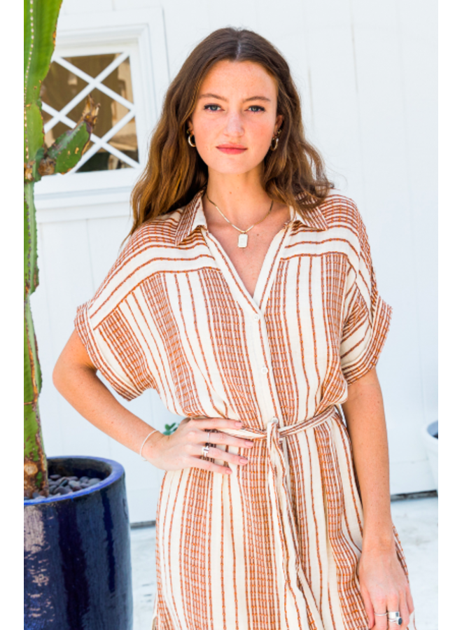 Textured Stripe Belted Shirt Dress  - Camel Brown / Cream