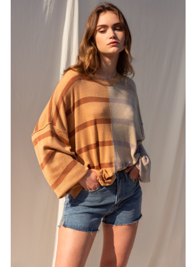 Reverse Striped Color Block Sweater w/ Side Slits by Wishlist - Mocha / Lavender