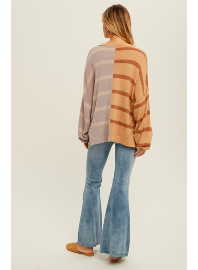Reverse Striped Color Block Sweater w/ Side Slits by Wishlist - Mocha / Lavender