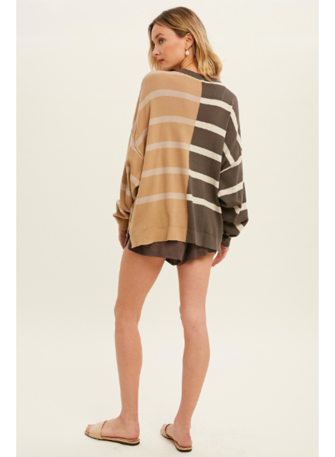 Reverse Striped Color Block Sweater w/ Side Slits by Wishlist - Charcoal Grey / Taupe