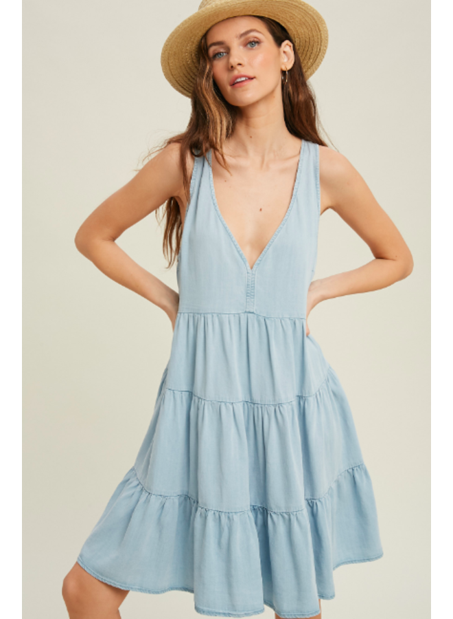 Denim Tiered Tank Dress w/ Tie Back by Wishlist - Light Blue Denim