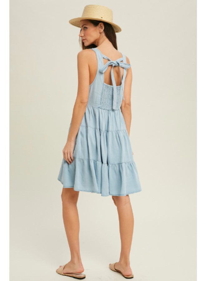 Denim Tiered Tank Dress w/ Tie Back by Wishlist - Light Blue Denim