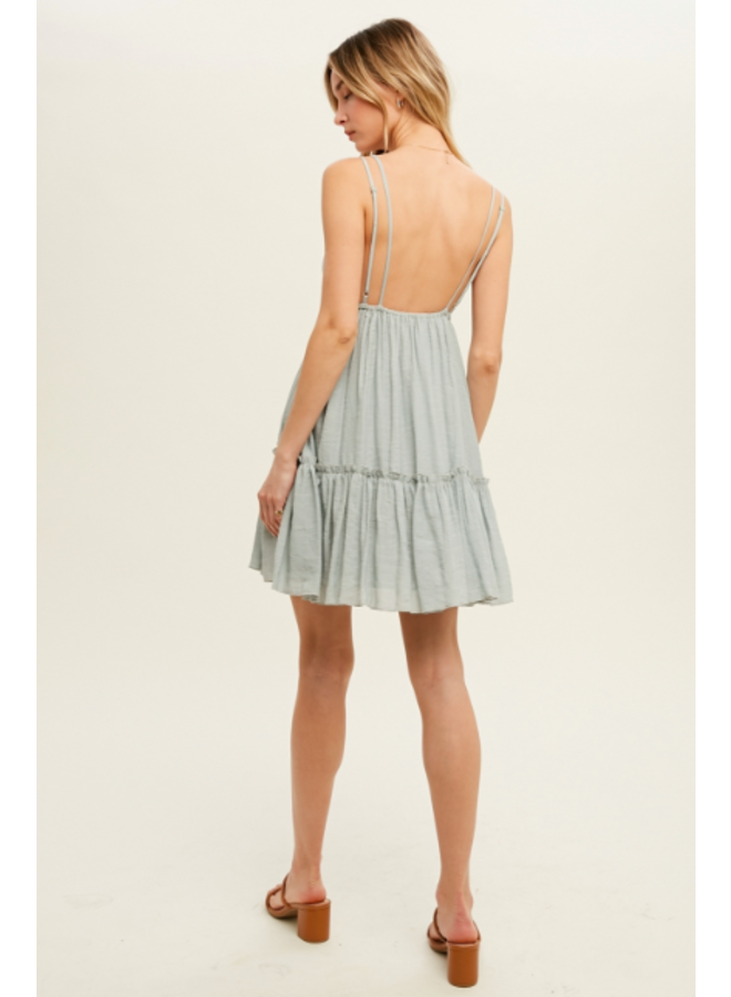 Tiered V Neck Mini Dress w/ Double Straps by Wishlist - Cloud Blue