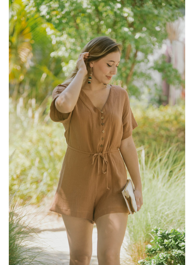 Gauze Button Up Romper by Wishlist - Clay Orange