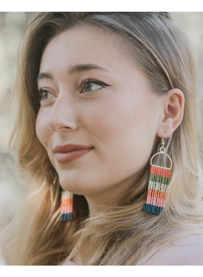 Peacock, Pink, Coral Horizontal Stripe Arch Fringe Earrings