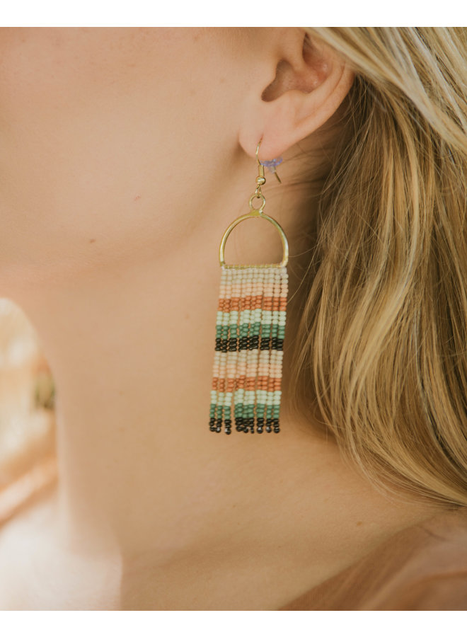 Green, Mint, Black Horizontal Stripe Arch Fringe Earrings