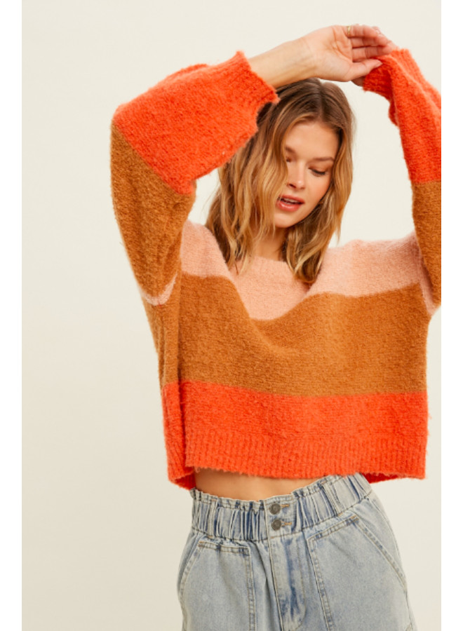 Striped Color Block Sweater by Wishlist - Cream / Coral / Brown