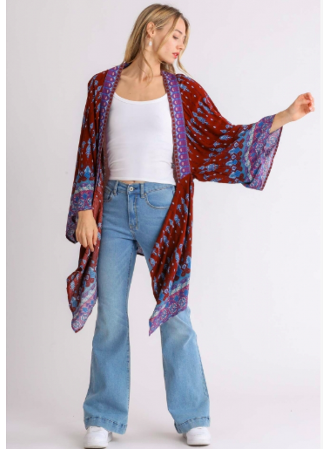 Boho Border Print Long Kimono By Umgee - Burgundy