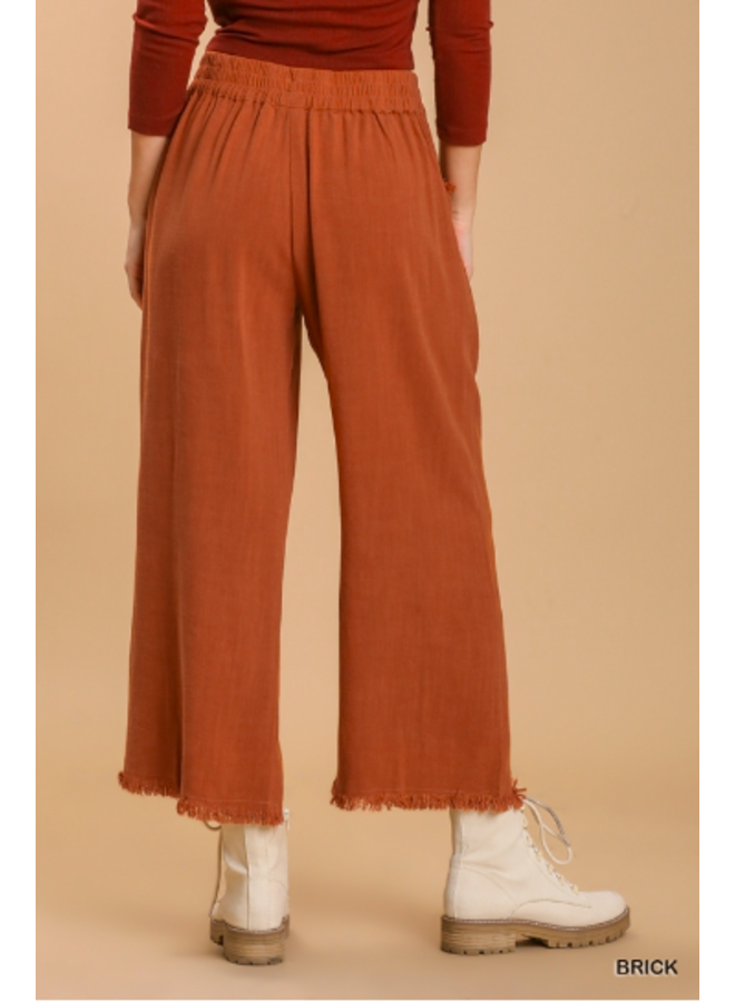 Wide Leg Linen Blend Pants w/ Raw Edge - Brick Orange