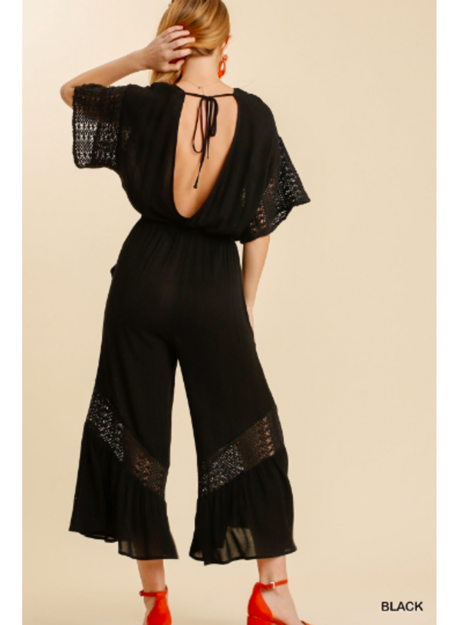 Black Wide Leg Jumpsuit  w/ Crochet Waist  - Black