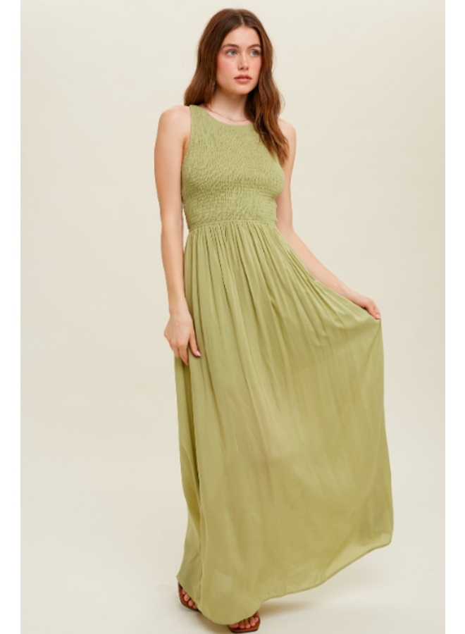 Lime Green Maxi Dress  w/ Smocked Top & Cutouts by Wishlist - Lime Green