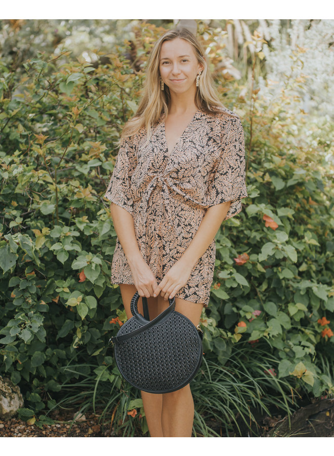 Black & Peach Metallic Leaf Print Romper - Black Peach