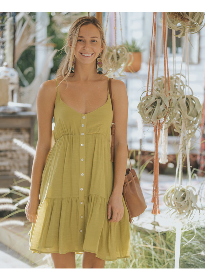 Tiered Button Front Mini Dress w/ Back Ties by Wishlist - Lime Green