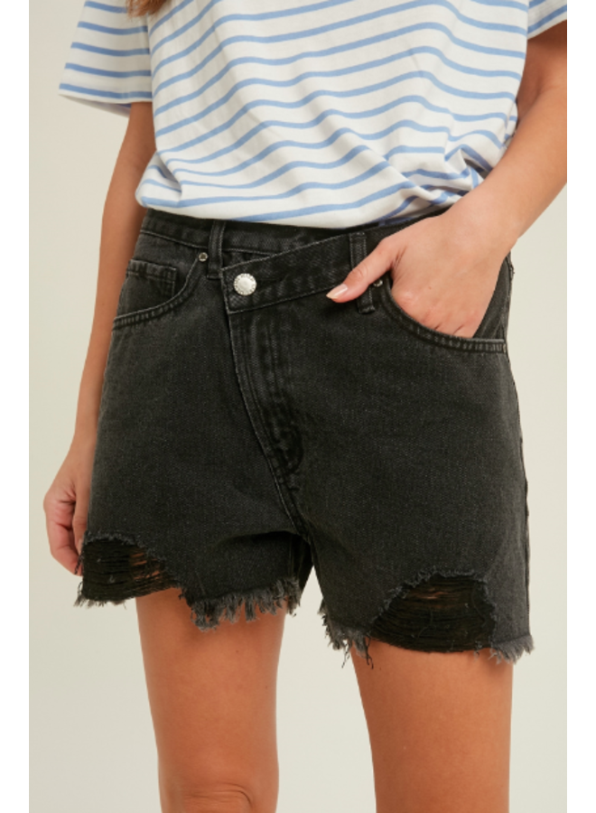 Loose Jean Shorts Overlap Front by Wishlist - Black Denim