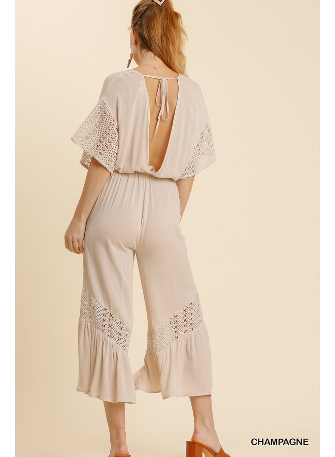 Tan Wide Leg Jumpsuit  w/ Crochet Waist  - Natural Tan