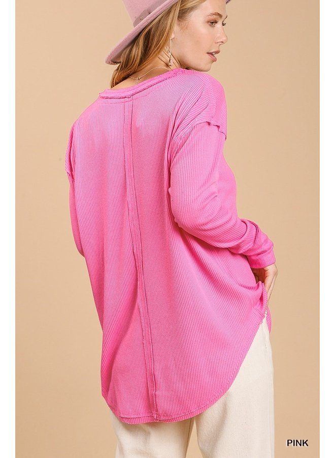 Long Sleeve Waffle Top w/ Raw Hem - Pink