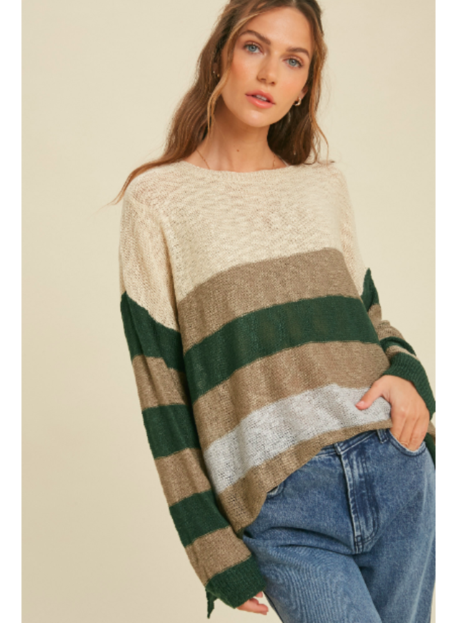 Striped Color Block Sweater by Wishlist - Cream /  Green