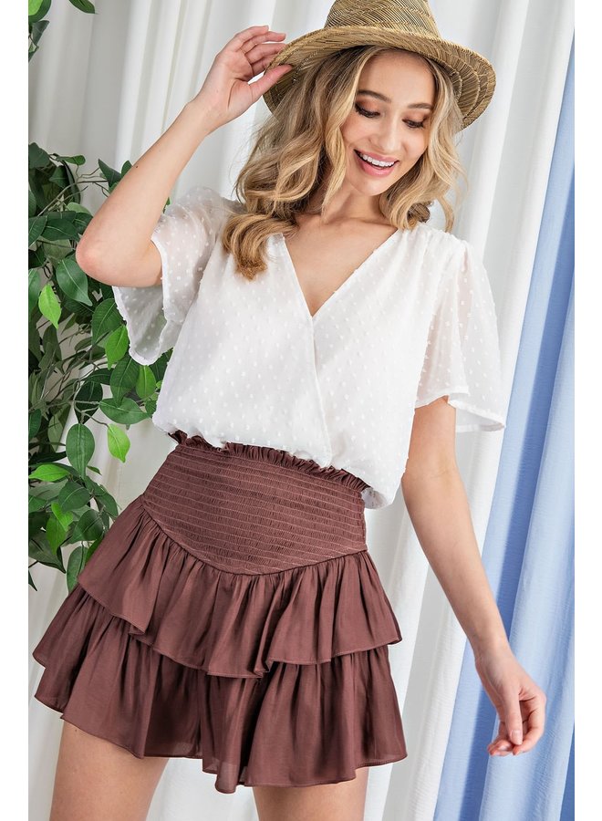 Smocked Waist Ruffle Mini Skirt by Eesome - Chocolate Brown
