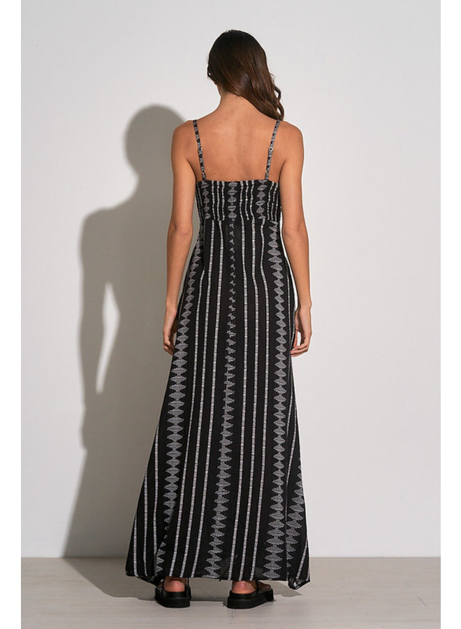 Black Tribal Maxi Dress w/ Tie Front  by Elan - Black / White