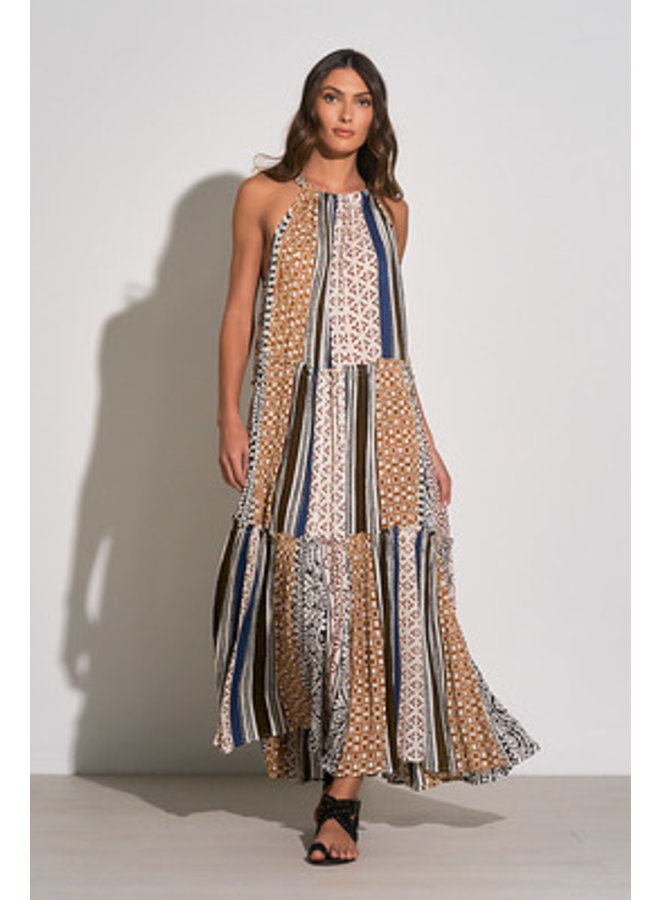 Mixed Pattern Tiered Maxi Dress w/ Tie Back - Brown Mustard Red