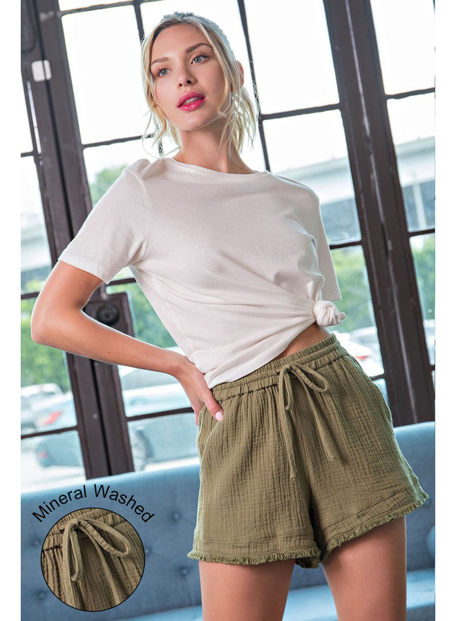 Mineral Wash Linen Shorts w/ Drawstring -Olive Green