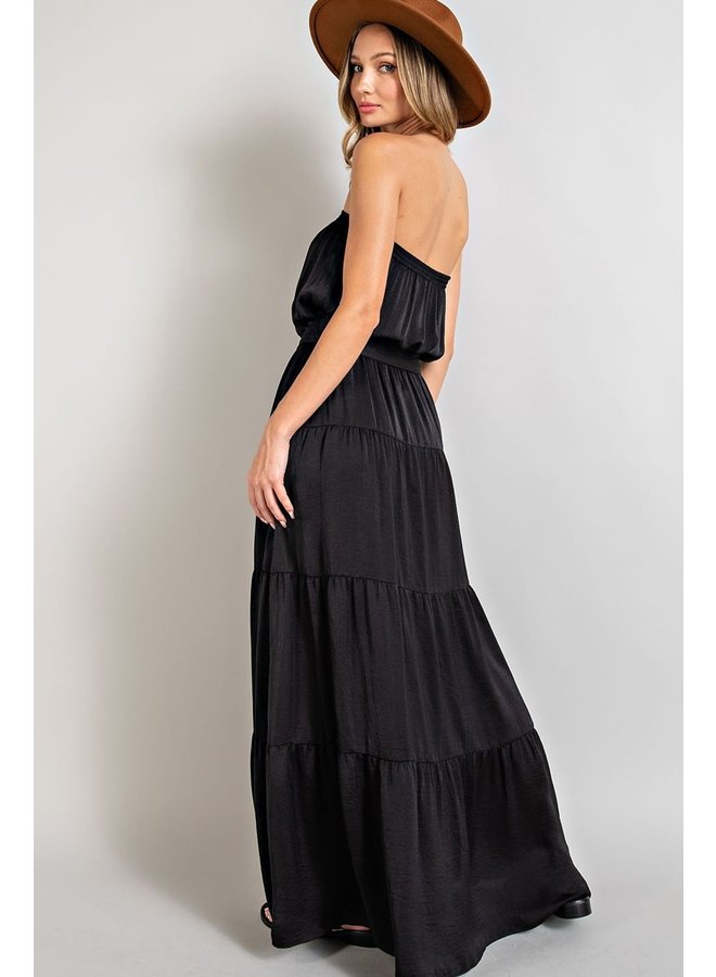 Strapless Tiered Maxi Dress by Eesome - Black Satin