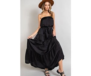 Blissfully Beautiful Black Satin Strapless Tiered Maxi Dress