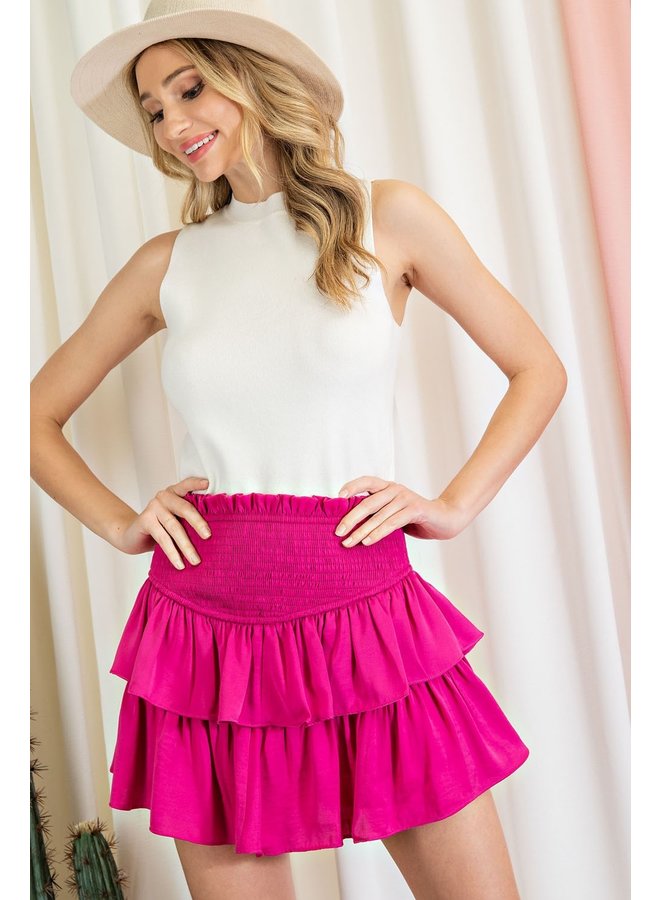 Smocked Waist Ruffle Mini Skirt by Eesome -Hot Pink