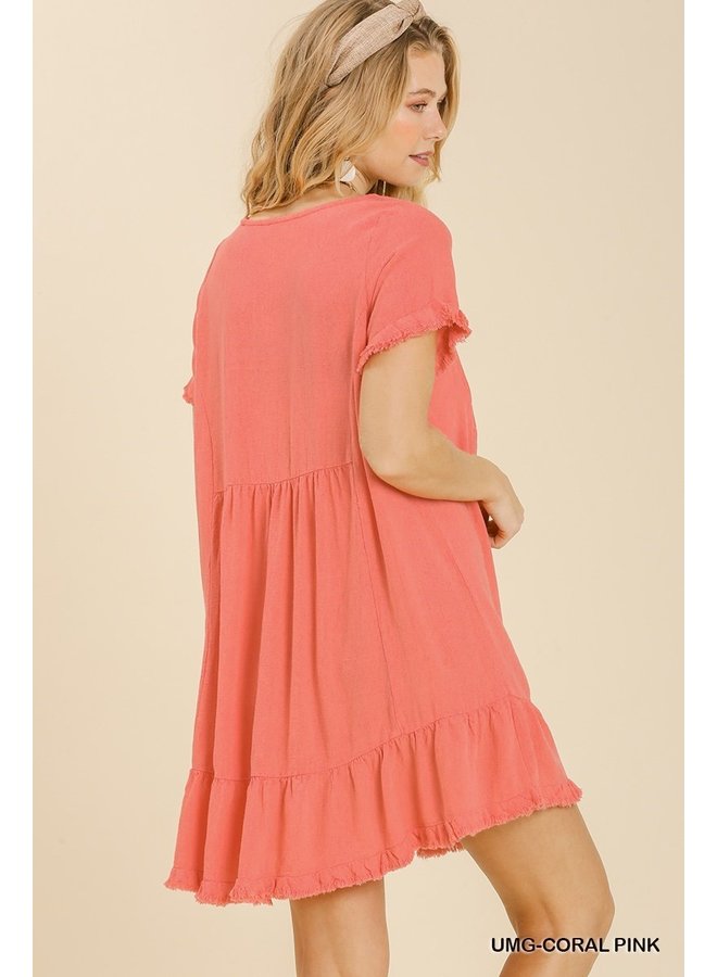 Short Sleeve Linen Short Dress w/ Raw Hem & Ruffle Bottom - Coral