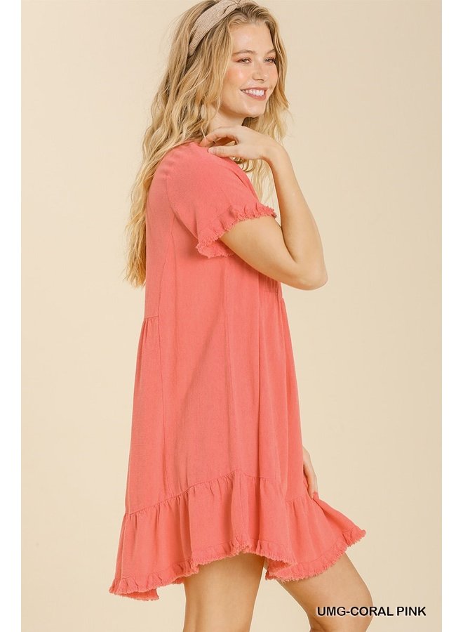 Short Sleeve Linen Short Dress w/ Raw Hem & Ruffle Bottom - Coral