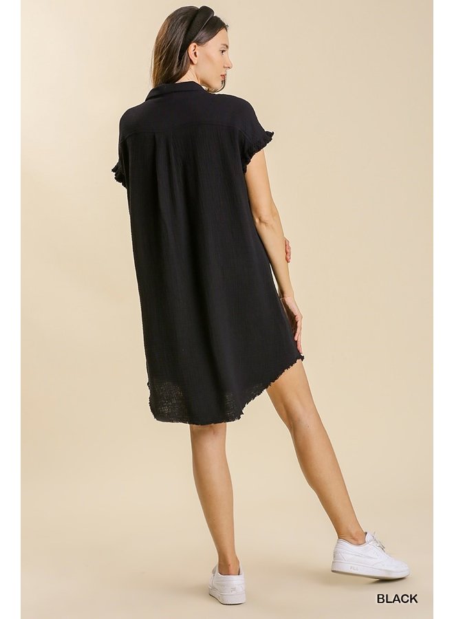 Black Gauze Short Sleeve Button Up Dress w/ Raw Edges