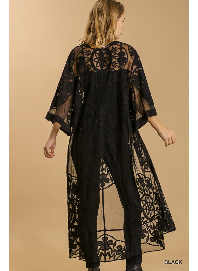 Lace Tie Waist Long Kimono By Umgee - Black