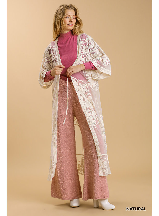 Lace Tie Waist Long Kimono By Umgee - Cream